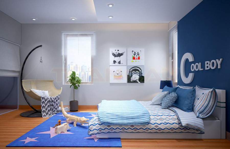 hình ảnh mẫu phòng ngủ của con trai với tông màu xanh dương - trắng kết hợp ăn ý, tranh treo tường động vật, thảm trải sàn, khung cửa sổ kính ngập tràn ánh sáng