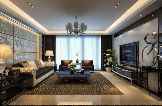 hình ảnh phòng khách biệt thự đẹp với nội thất màu nâu chủ đạo, đèn LED trang trí, khung cửa kính lớn