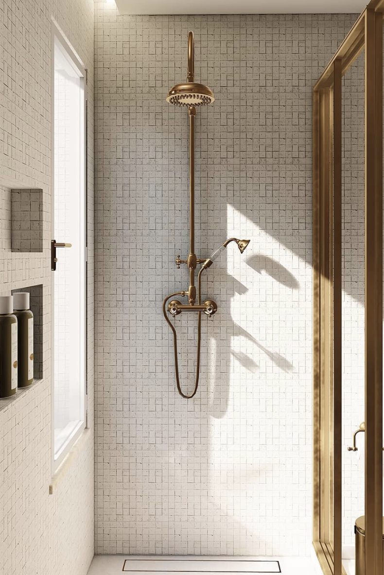 hình ảnh phòng tắm nhỏ đẹp với tường ốp gạch màu trắng, vòi sen bằng đồng