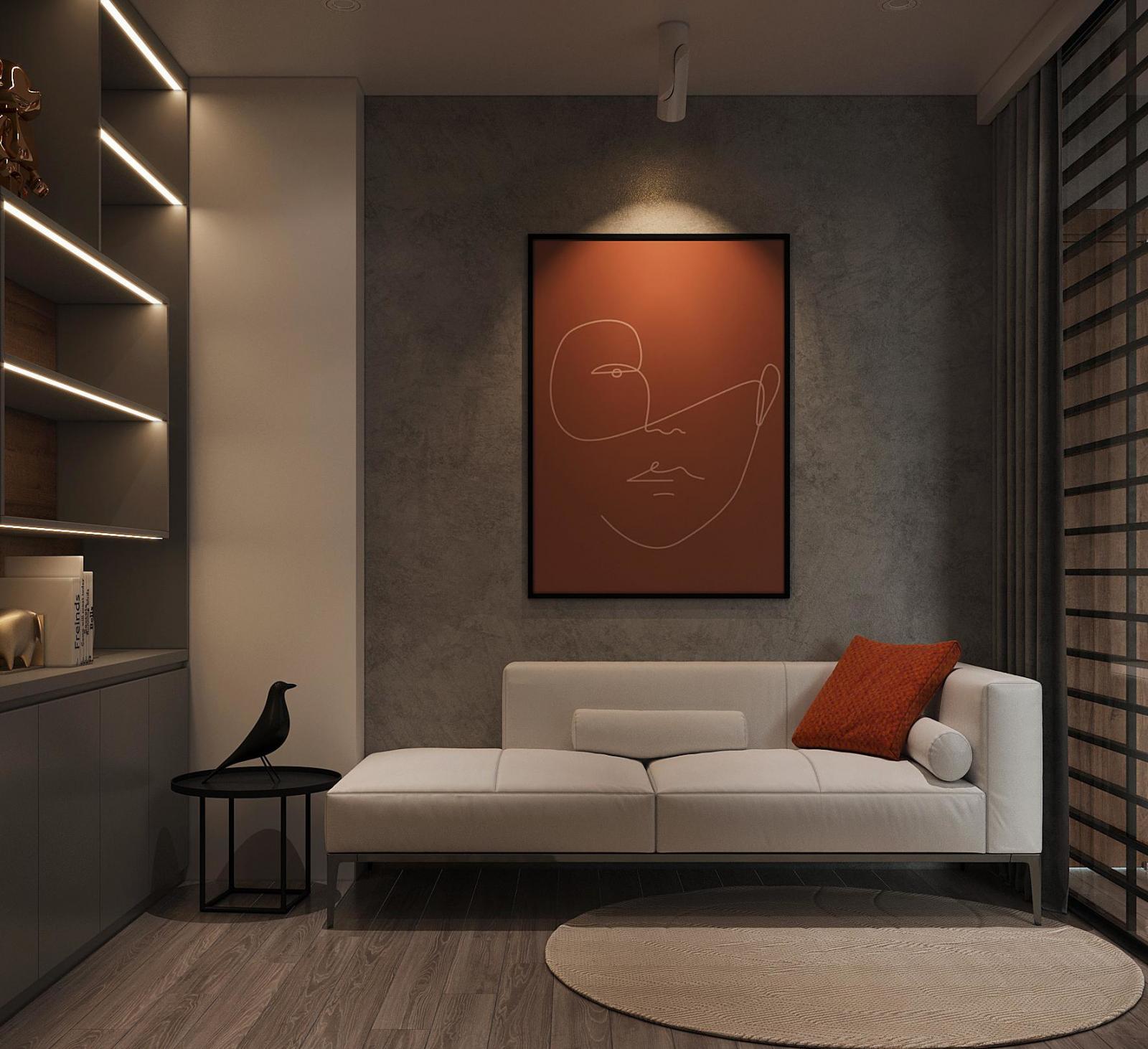 hình ảnh góc tiếp khách gọn đẹp với sofa màu trắng, gối tựa màu cam đất cùng tông với bức tranh treo tường