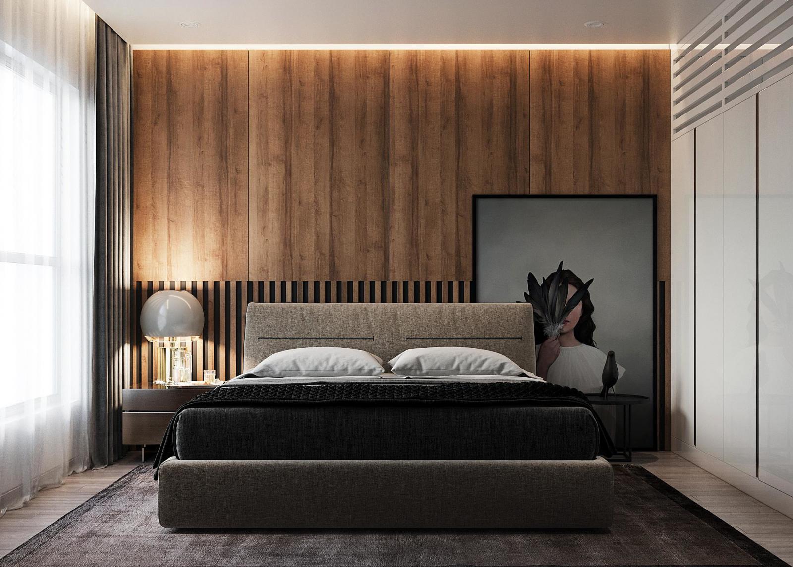 hình ảnh mẫu phòng ngủ tối giản với ga gối màu xám trung tính, tường đầu giường ốp gỗ, rèm cửa hai lớp, tranh nghệ thuật đầu giường, tủ quần áo