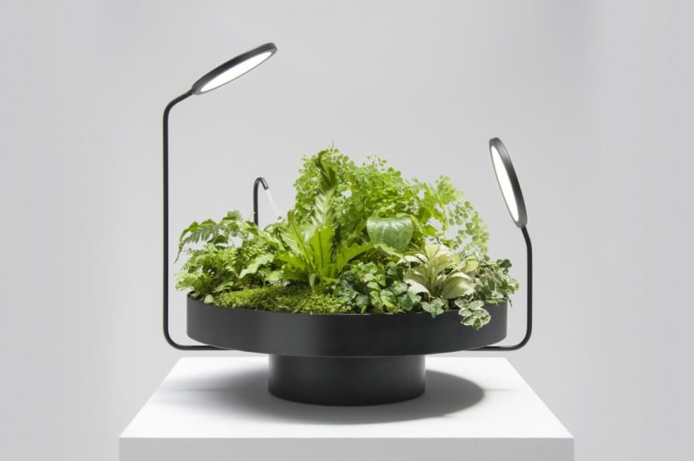 hình ảnh chậu trồng cây công nghệ hiện đại vói đèn LED chiếu sáng, vòi nước tự động, trục xoay tùy chỉnh
