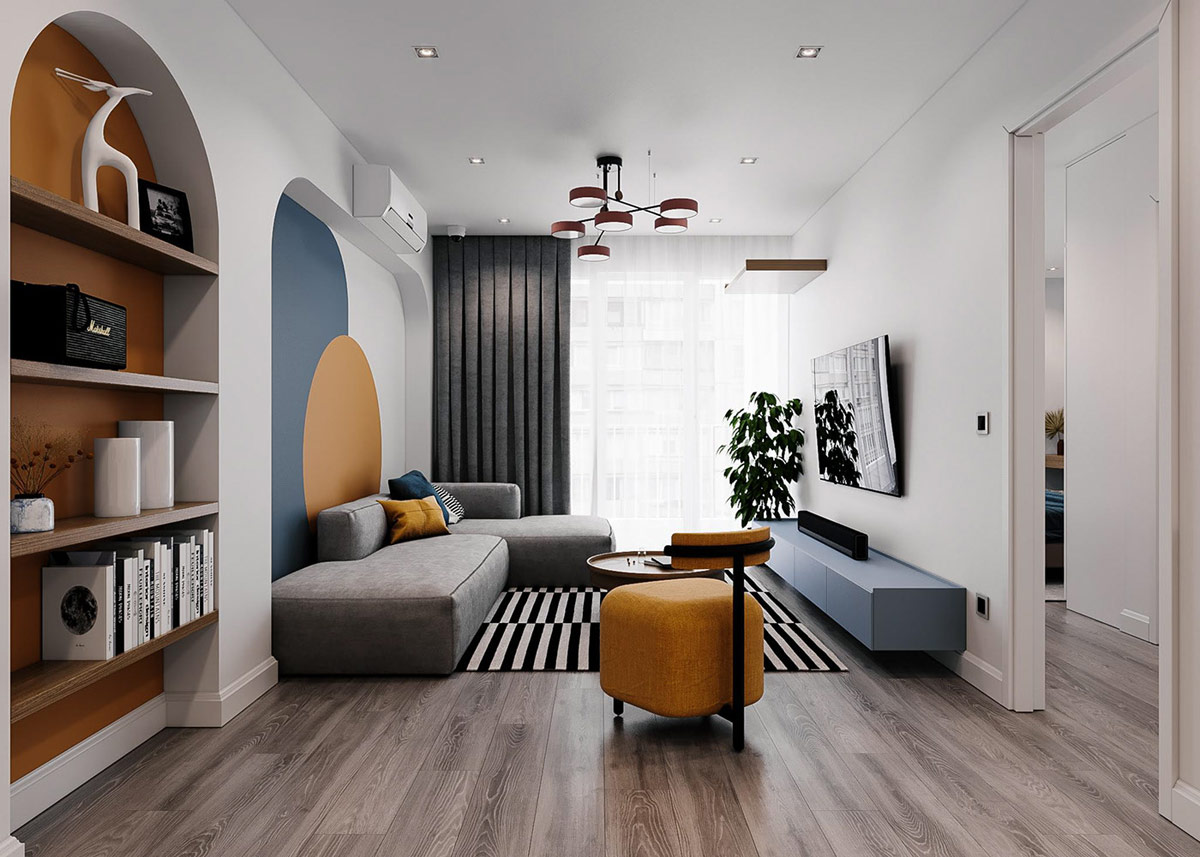 hình ảnh phòng khách căn hộ hiện đại với nội thất màu vàng mù tạt, màu xanh phổ, nổi bật với thảm trải kẻ sọc đen trắng