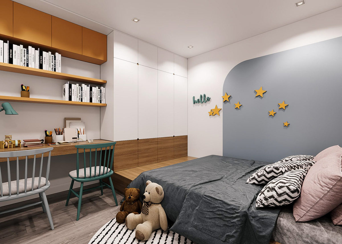 hình ảnh phòng ngủ trẻ em độc đáo với giường kéo dài kết hợp tủ quần áo