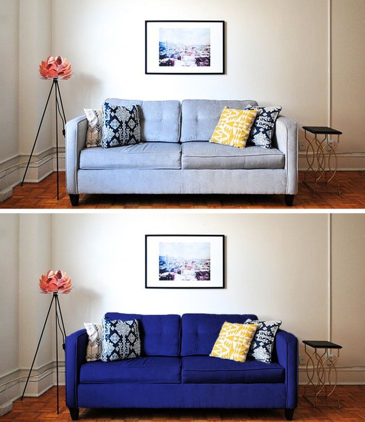 hình ảnh ghế sofa màu ghi xám được thay vỏ bọc mới màu tím 