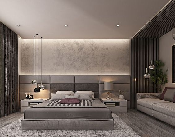 hình ảnh mẫu phòng ngủ master tông màu trung tính, cạnh giường là ghế sofa dài êm ái