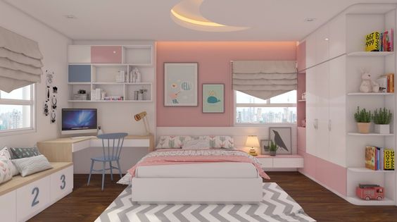 hình ảnh mẫu phòng ngủ dành cho con gái với gam màu hồng - trắng chủ đạo, cửa sổ kính trong suốt