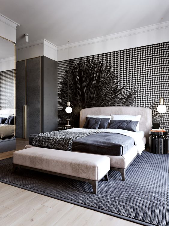 hình ảnh mẫu giường nệm màu trung tính nhẹ nhàng với đầu giường ốp giấy kẻ sọc đen trắng cá tính