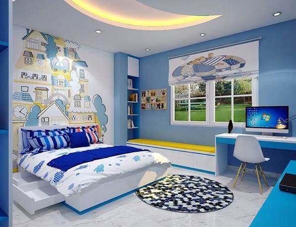 hình ảnh phòng ngủ con trai màu xanh chủ đạo