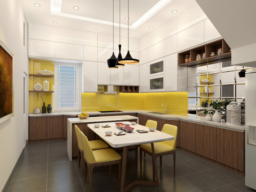 hình ảnh mẫu phòng bếp kết hợp phòng ăn hiện đại với ghế ăn màu vàng cùng tông với tường chắn bếp, tường gắn kệ mở, đèn thả màu đen