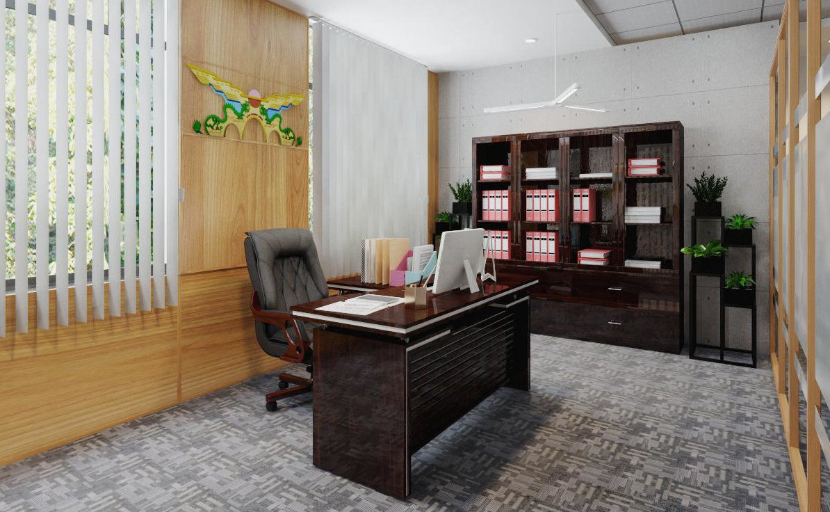hình ảnh thiết kế nội thất của phòng cán bộ quản lý với bàn ghế gỗ sẫm màu đặt trên thảm trải màu xám, tường ốp gỗ decor ấn tượng