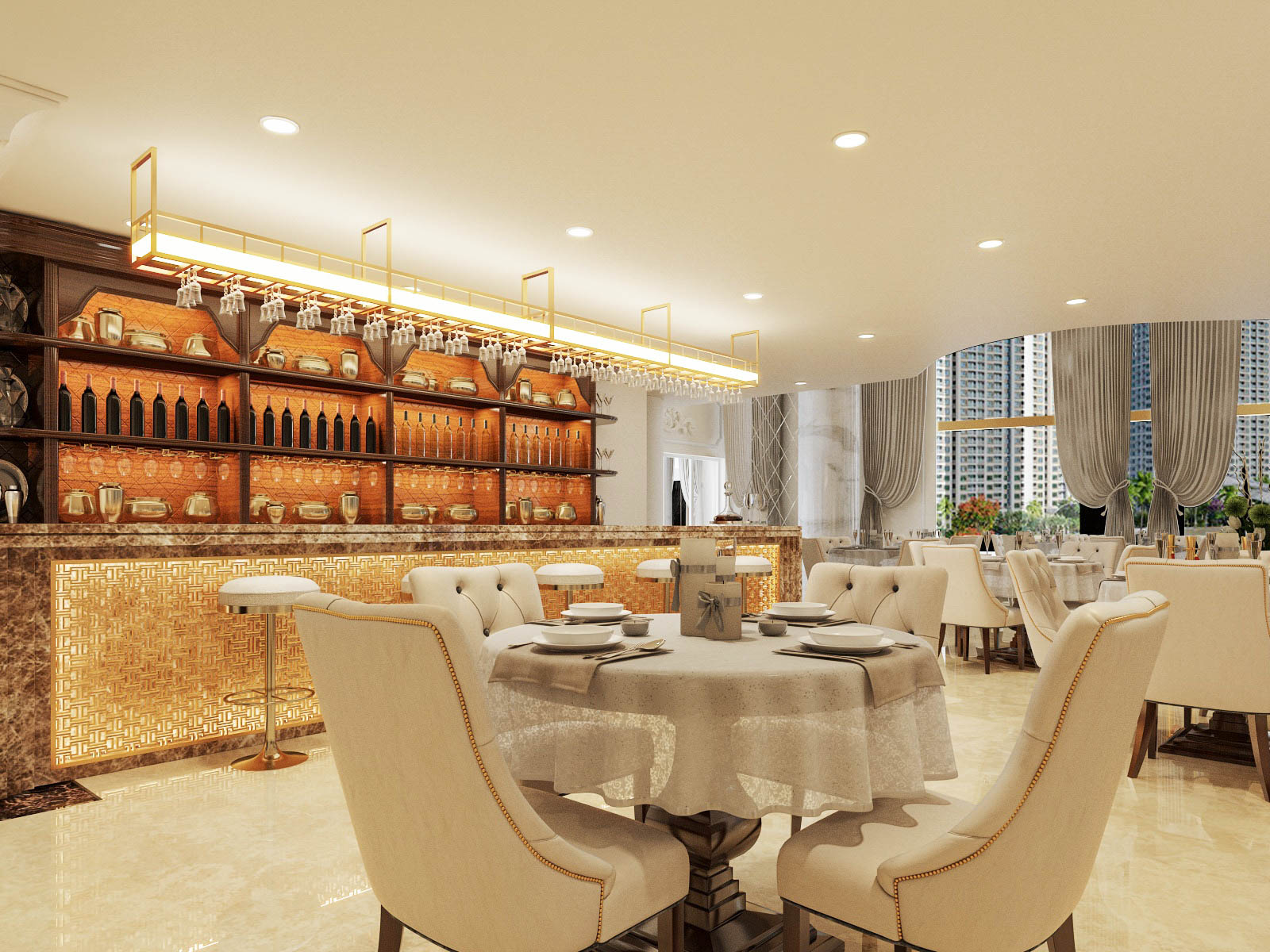 hình ảnh không gian ăn uống bên trong khách sạn 4 sao ở Hạ Long với những bộ bàn ghế màu trắng sáng êm ái, sang trọng