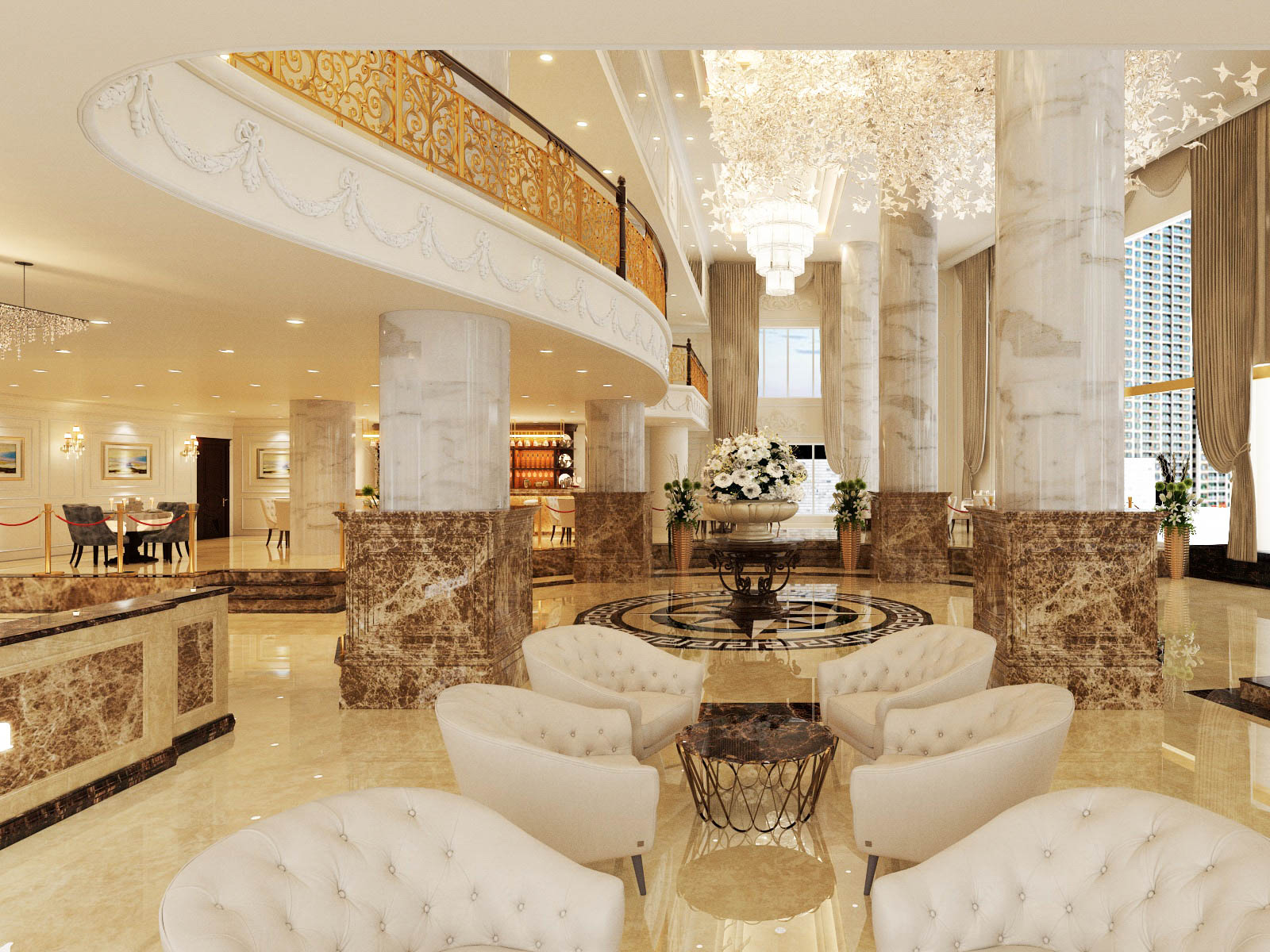 hình ảnh đại sảnh khách sạn đẹp với đá cẩm thạch ốp lát tông màu vàng, trắng, nâu