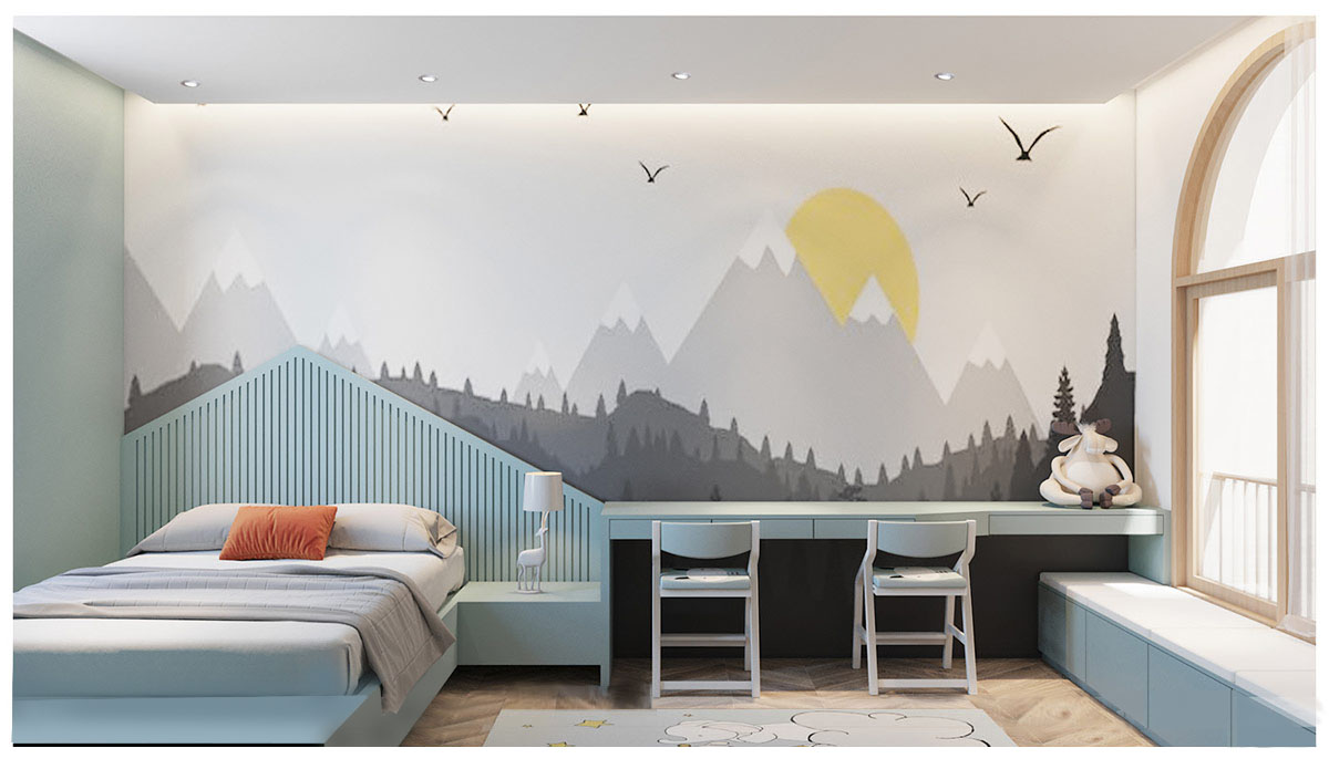hình ảnh phòng ngủ của trẻ với nội thất màu xanh, tranh tường họa tiết núi non trung điệp