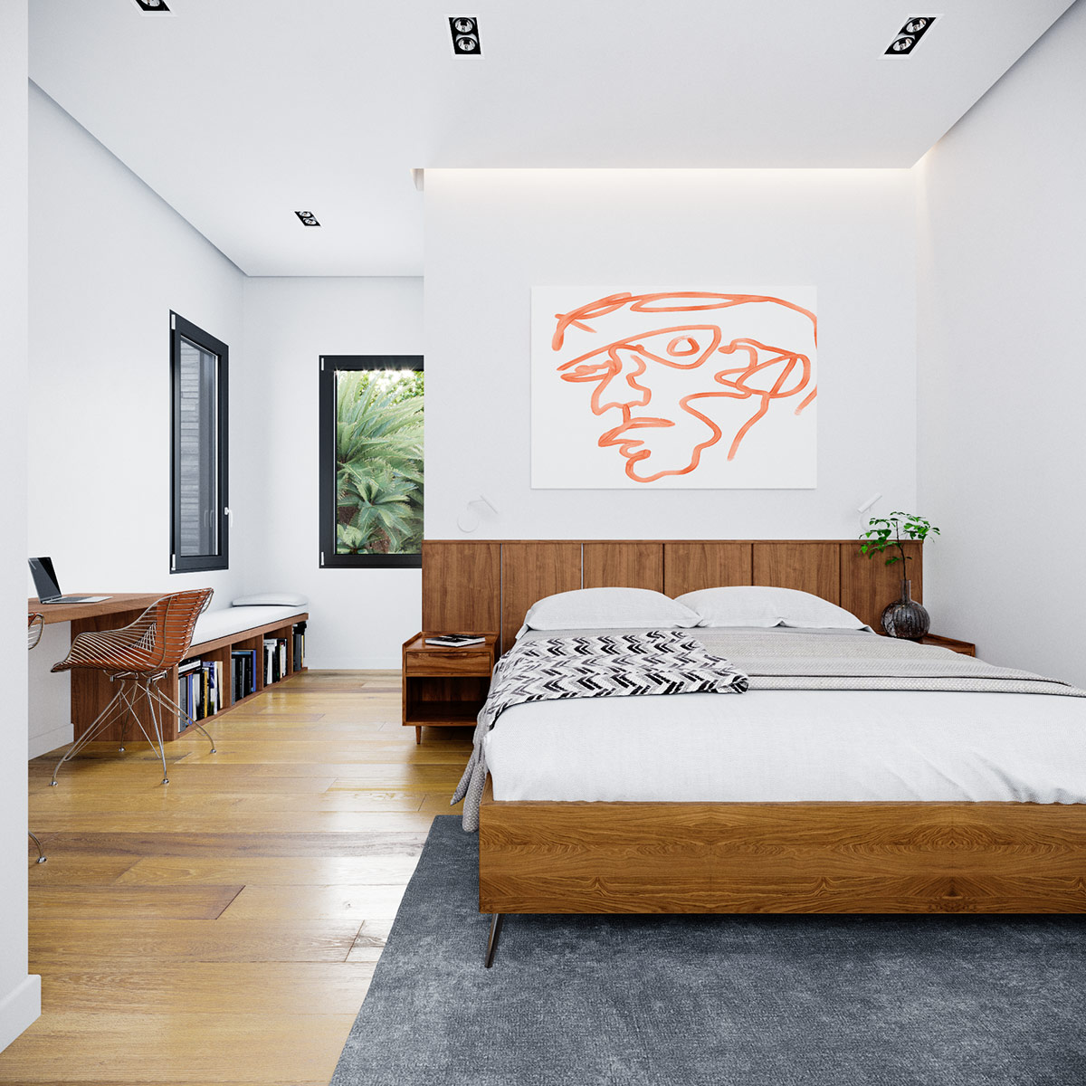 hình ảnh phòng ngủ hiện đại trong nhà phố với tranh nghệ thuật trừu tượng, giường ngủ phong cách giữa thế kỷ