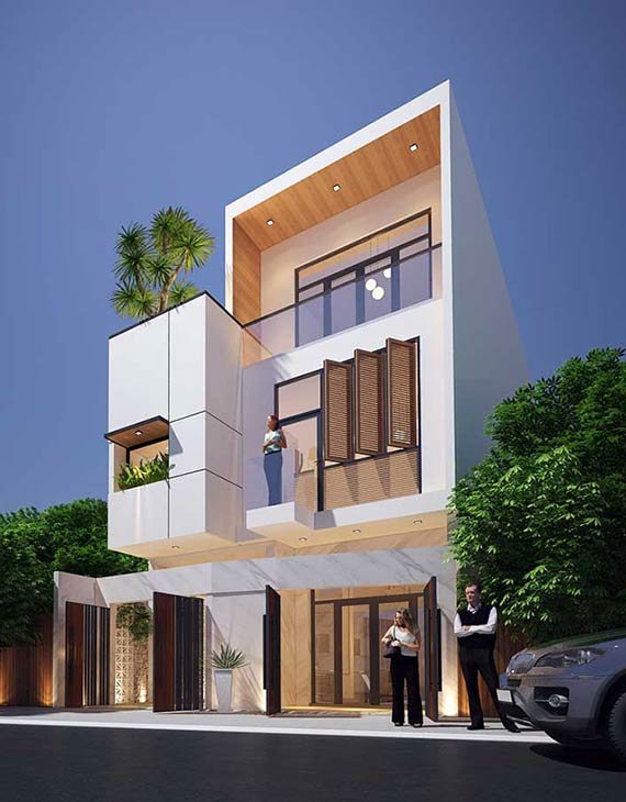 hình ảnh mẫu nhà phố 3 tầng đơn giản với tông màu trắng chủ đạo
