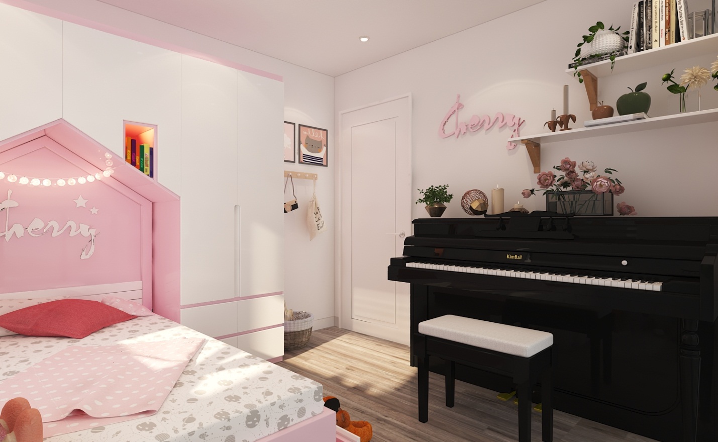 hình ảnh một góc phòng ngủ bé gái với gam màu hồng trắng, đàn piano, tranh treo tường