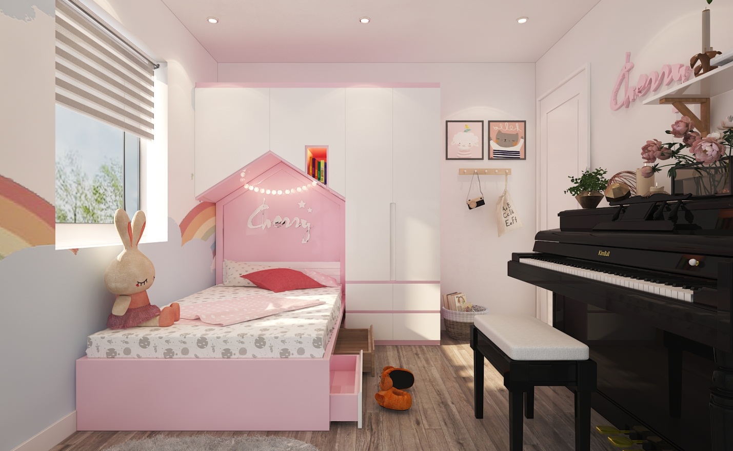 hình ảnh toàn cảnh phòng ngủ bé gái với tông màu hồng dịu ngọt