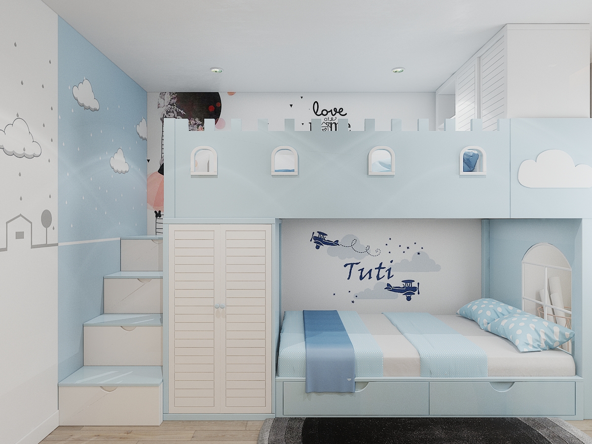 hình ảnh phòng ngủ bé trai màu xanh nhẹ nhàng với giường tầng đẹp