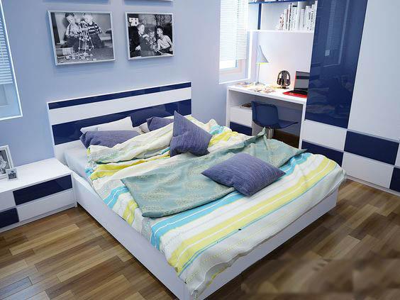 hình ảnh phòng ngủ con trai với gam màu xanh chủ đạo
