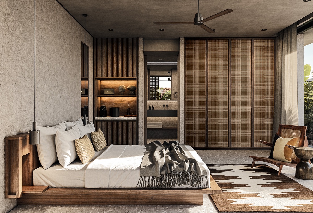 hình ảnh phòng ngủ phong cách Á Đông cách tân với giường, tủ, kệ, ghế thư giãn làm bằng gỗ sẫm màu