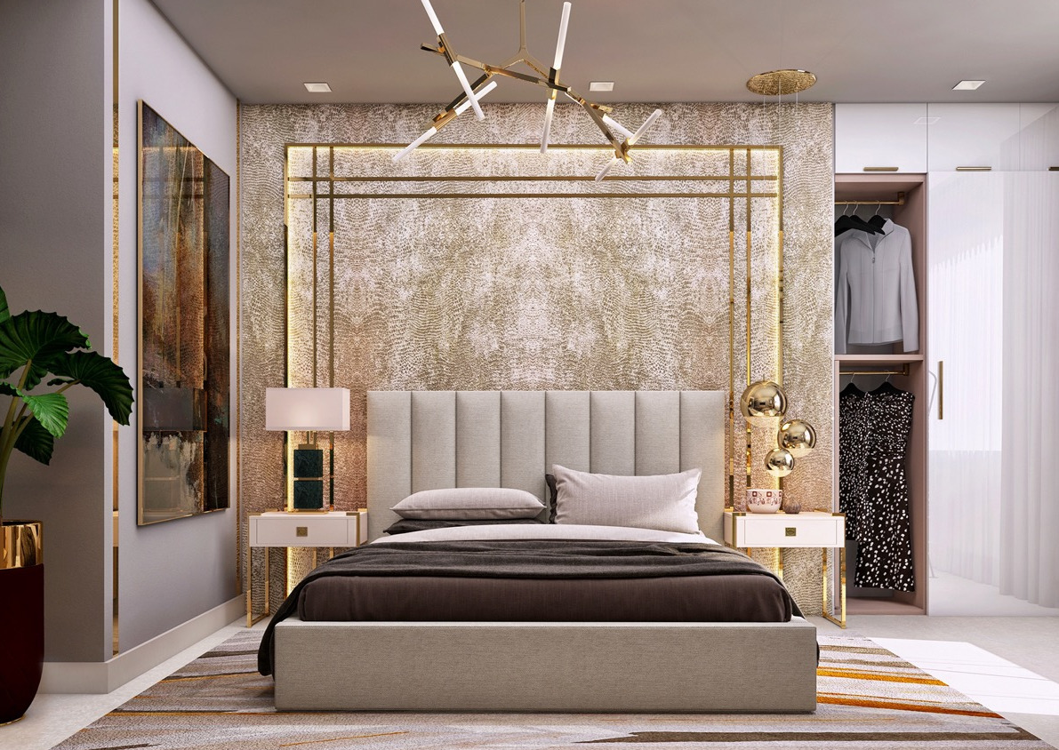 hình ảnh mẫu phòng ngủ tông màu trung tính chủ đạo với ga gối màu nâu nhạt, tường đầu giường khảm kim loại sáng bóng