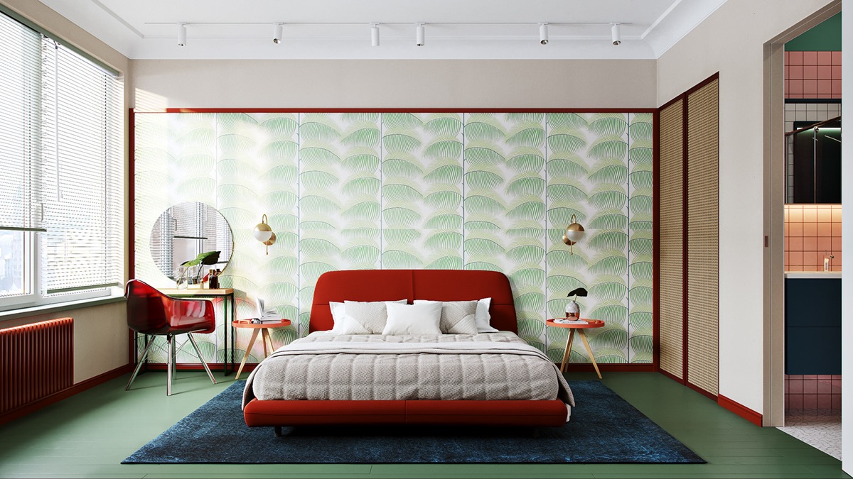hình ảnh phòng ngủ tông màu đỏ kết hợp xanh lá cây