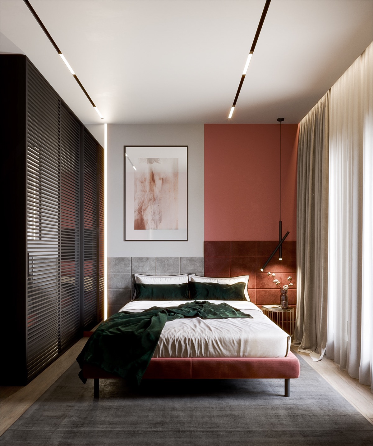 hình ảnh phòng ngủ ấn tượng với tường đầu giường một nửa sơn trắng, một nửa sơn đỏ độc đáo