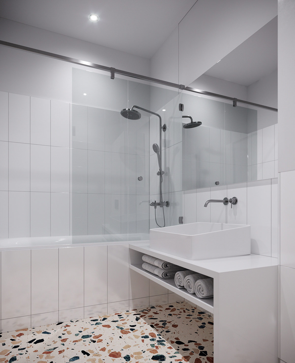 hình ảnh phòng tắm căn hộ nhỏ màu trắng thanh lịch với gạch terrazzo lát sàn