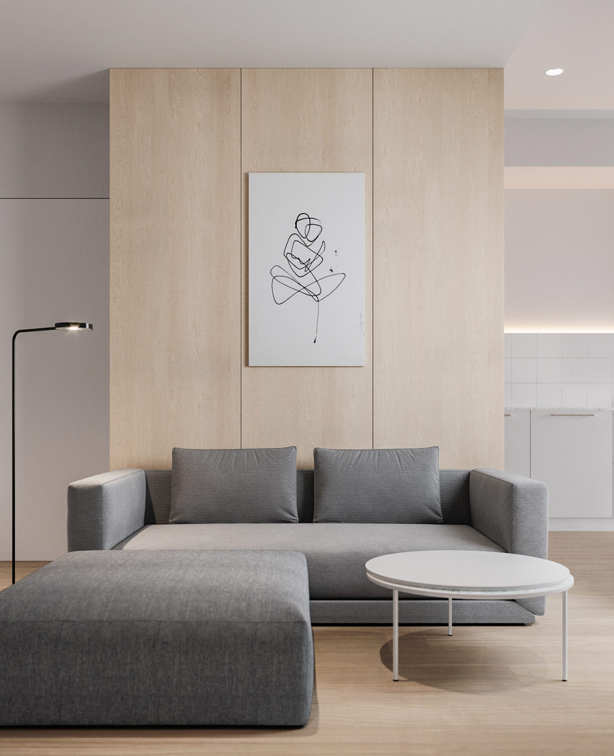 hình ảnh phòng khách tối giản đẹp với sofa xám, bàn trà tròn màu trắng, tường gỗ, tranh nghệ thuật màu trắng