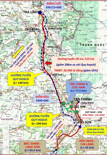 hình ảnh bản đồ hướng tuyến cao tốc Đồng Đăng - Trà Lĩnh (màu đỏ)