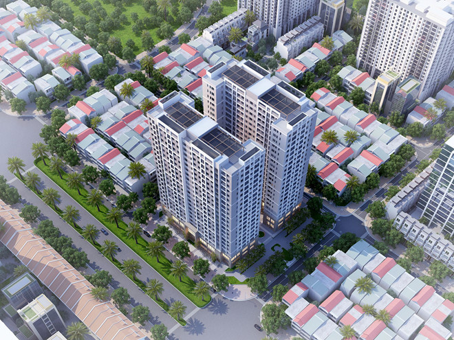 hình ảnh phối cảnh một khu nhà ở xã hội nhìn từ trên cao với các tòa nhà cao tầng xen kẽ thấp tầng, đường phố, cây xanh