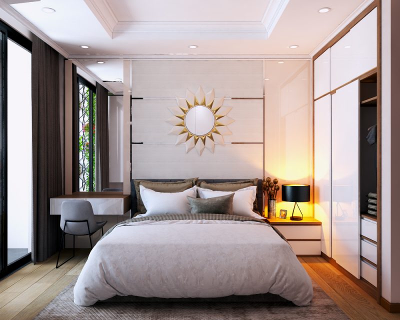hình ảnh phòng ngủ master đẹp với điểm nhấn là tranh tường họa tiết mặt trời đầu giường