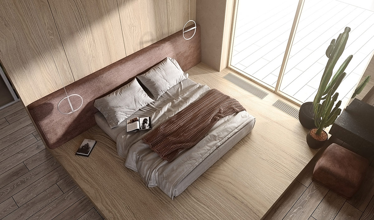 Đầu giường màu nâu kết nối hài hòa với đôn ngồi và chăn mỏng dệt kim cùng tông.