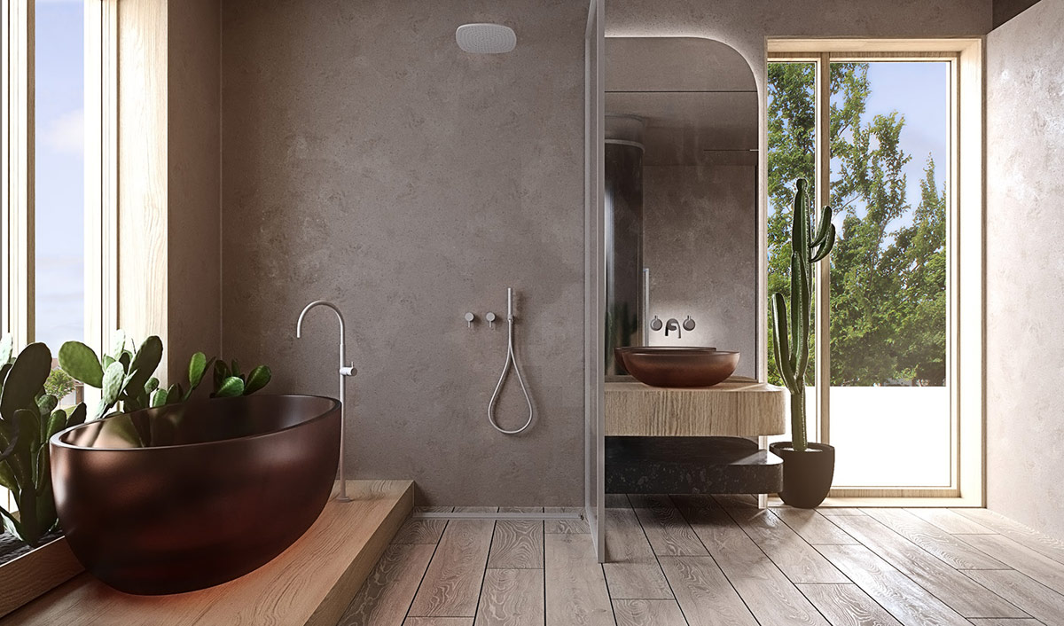 Phòng tắm phong cách mở ấn tượng với bồn tắm và bồn rửa mặt màu nâu cà phê sáng bóng.