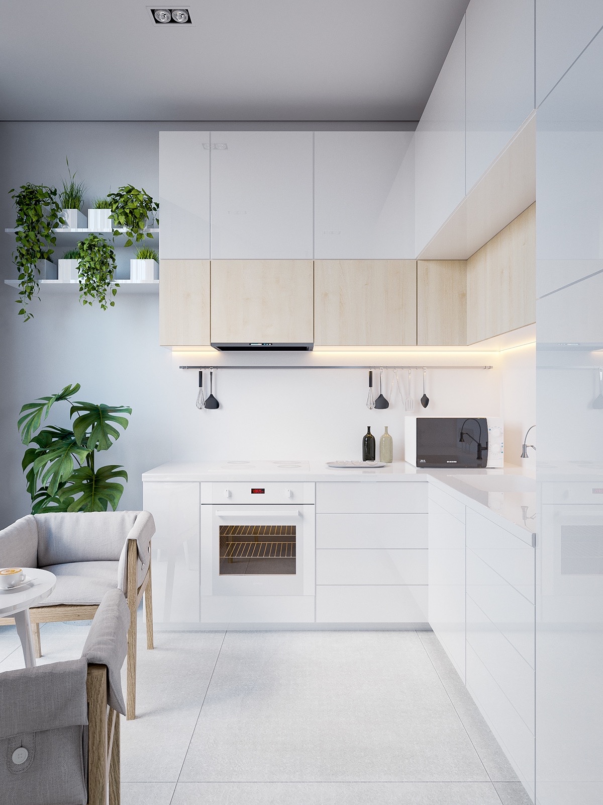 Tủ bếp chữ L màu trắng cánh phẳng tạo độ thông thoáng nhất định cho không gian nấu nướng trong căn hộ hiện đại.