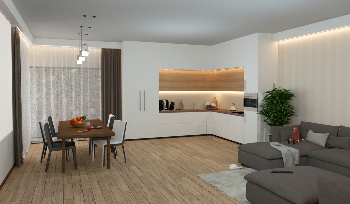 Phòng khách, phòng ăn, bếp nấu được bố trí trong cùng một không gian nhưng vẫn rất gọn gàng và có sự tách biệt nhất định nhờ màu sắc nội thất.