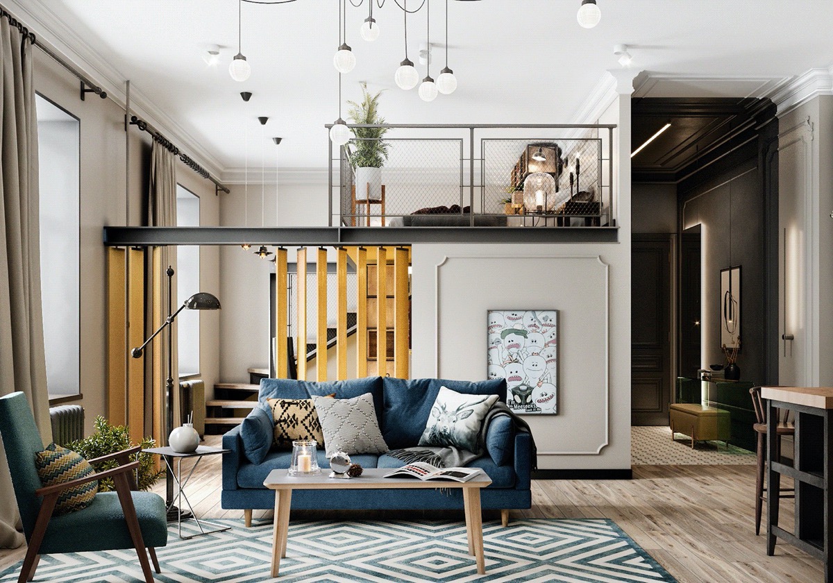 Phòng khách căn hộ 70m2 được "định vị" bởi bộ ghế sofa màu xanh lam, bàn trà gỗ đặt trên thảm trải kẻ sọc cùng tông với sofa.