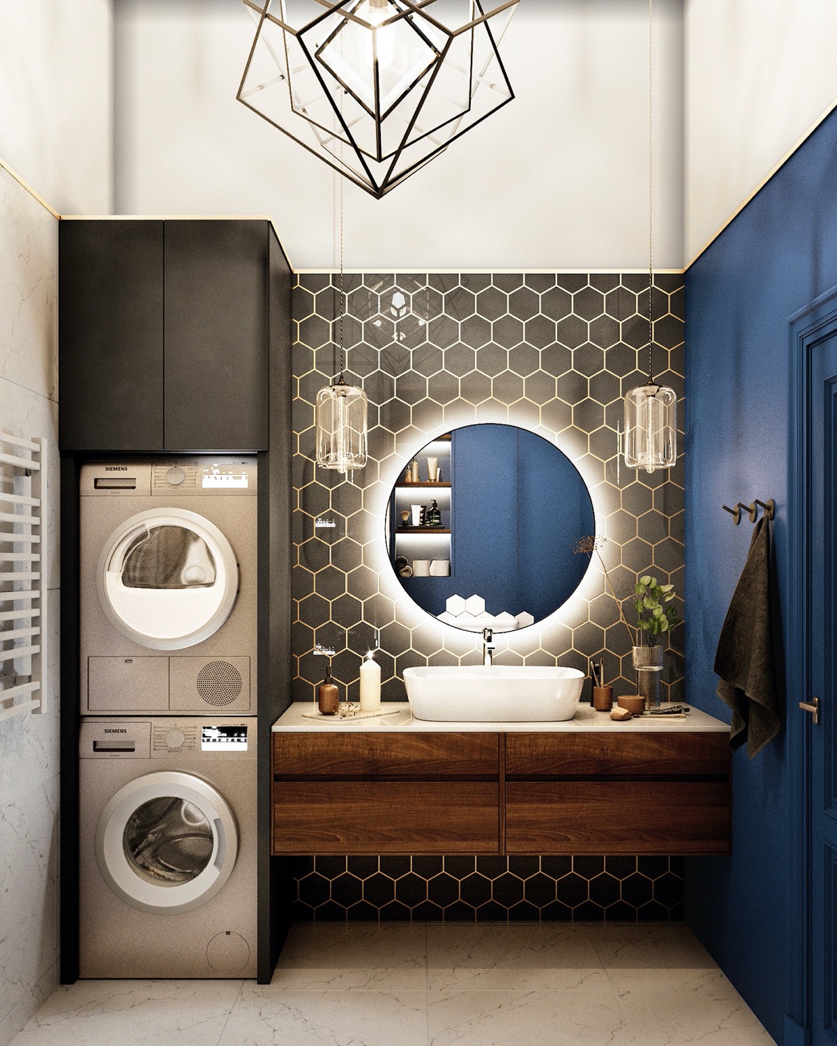 Phòng tắm ấn tượng với sơn màu xanh coban kết hợp gạch lục giác màu đen viền vàng