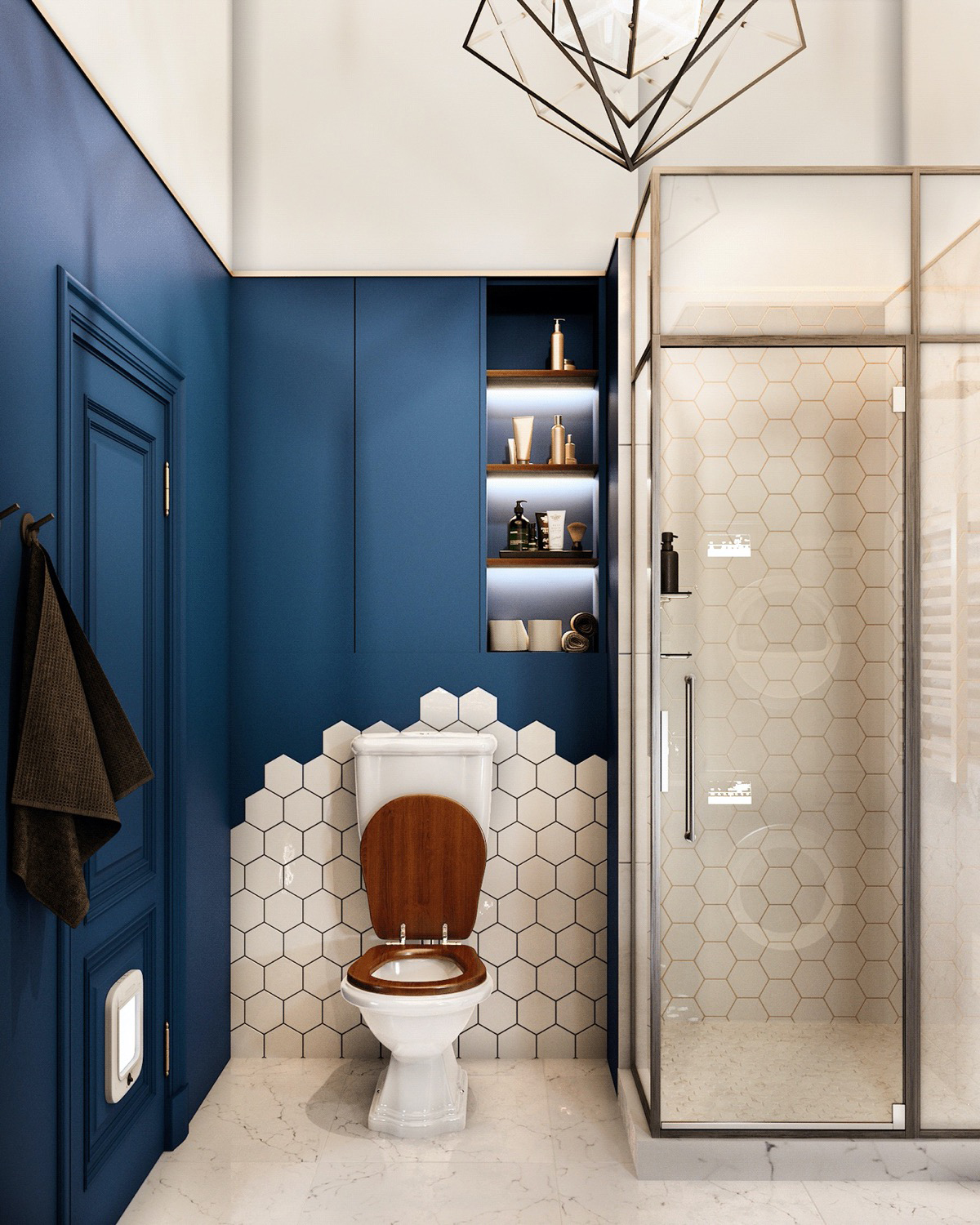 Sơn tường màu xanh kết hợp hoàn hảo với gạch ốp lục giác màu trắng bao quanh khu vực vệ sinh và buồng tắm đứng cực bắt mắt.