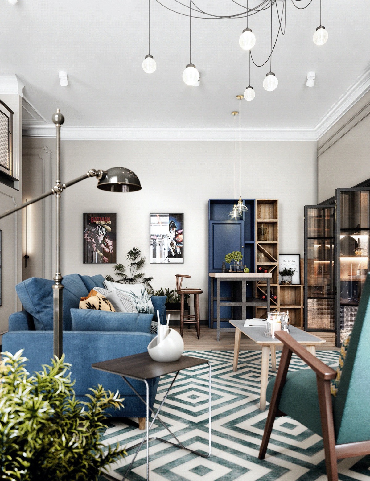 Toàn cảnh phòng khách căn hộ hiện đại với sofa màu xanh, bàn trà gỗ, thảm trải kẻ sọc, bàn phụ, đèn sàn