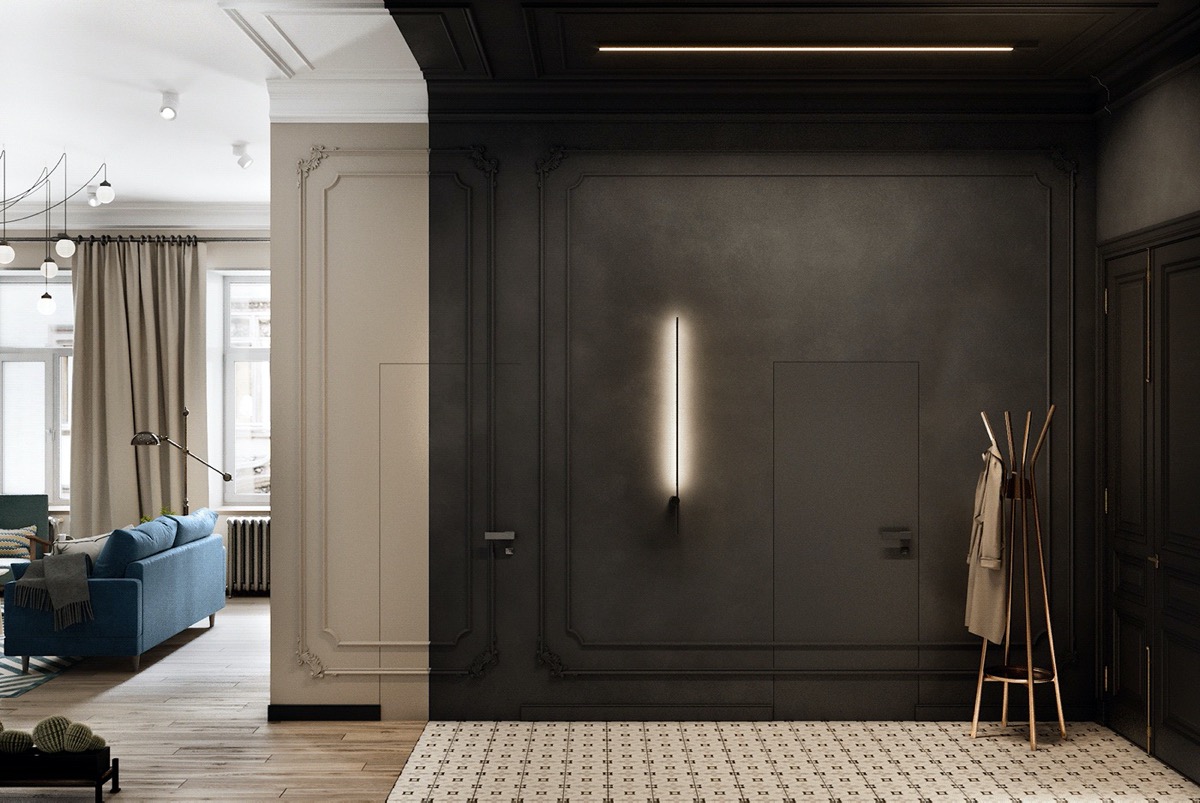 Lớp sơn đen "ngụy trang" cho các cánh cửa phòng thay đồ và phòng bếp. Với sắc đen tuyền, không gian sống trông thật nổi bật và tạo cảm giác huyền bí.