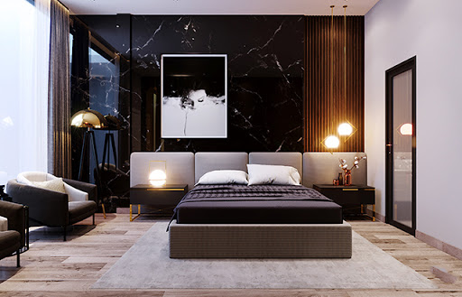 Tường đầu giường ốp đá cẩm thạch màu đen sáng bóng và ấn tượng, giúp phòng ngủ master có chiều sâu hơn.