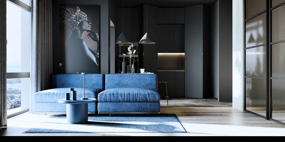 Tông màu than chì ấn tượng được nâng tầm bởi các mảng màu xanh lam trong phòng khách căn hộ 46m2 như ghế sofa hiện đại, bàn cà phê tròn và thảm trải sàn.