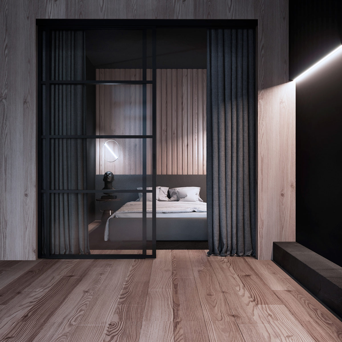 Phòng ngủ vách kính trong suốt chia sẻ ánh sáng tự nhiên với phòng khách căn hộ 46m2.