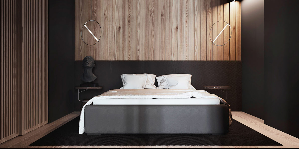 Đèn mặt dây chuyền hiện đại tạo điểm nhấn trang nhã cho bức tường đầu giường bằng gỗ.