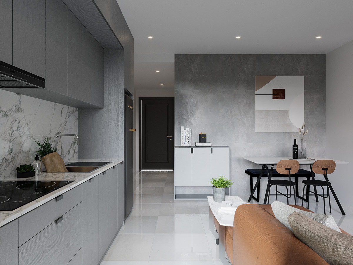 Khu bếp nấu được thiết kế ấm tường gọn đẹp, để không cản trở tầm nhìn từ cửa chính ​ vào nhà và ngược lại.