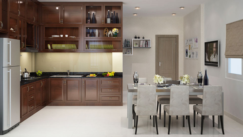 Tuy được thiết kế trong cùng một không gian nhưng phòng ăn và bếp nấu vẫn có sự tách biệt nhất định nhờ màu sắc nội thất.