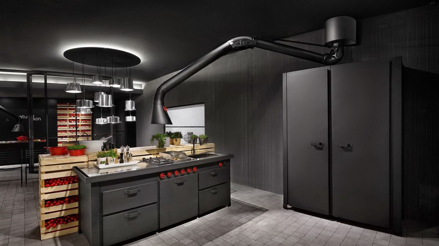 Phòng bếp phong cách công nghiệp cực ấn tường với tông màu xám đen cá tính.