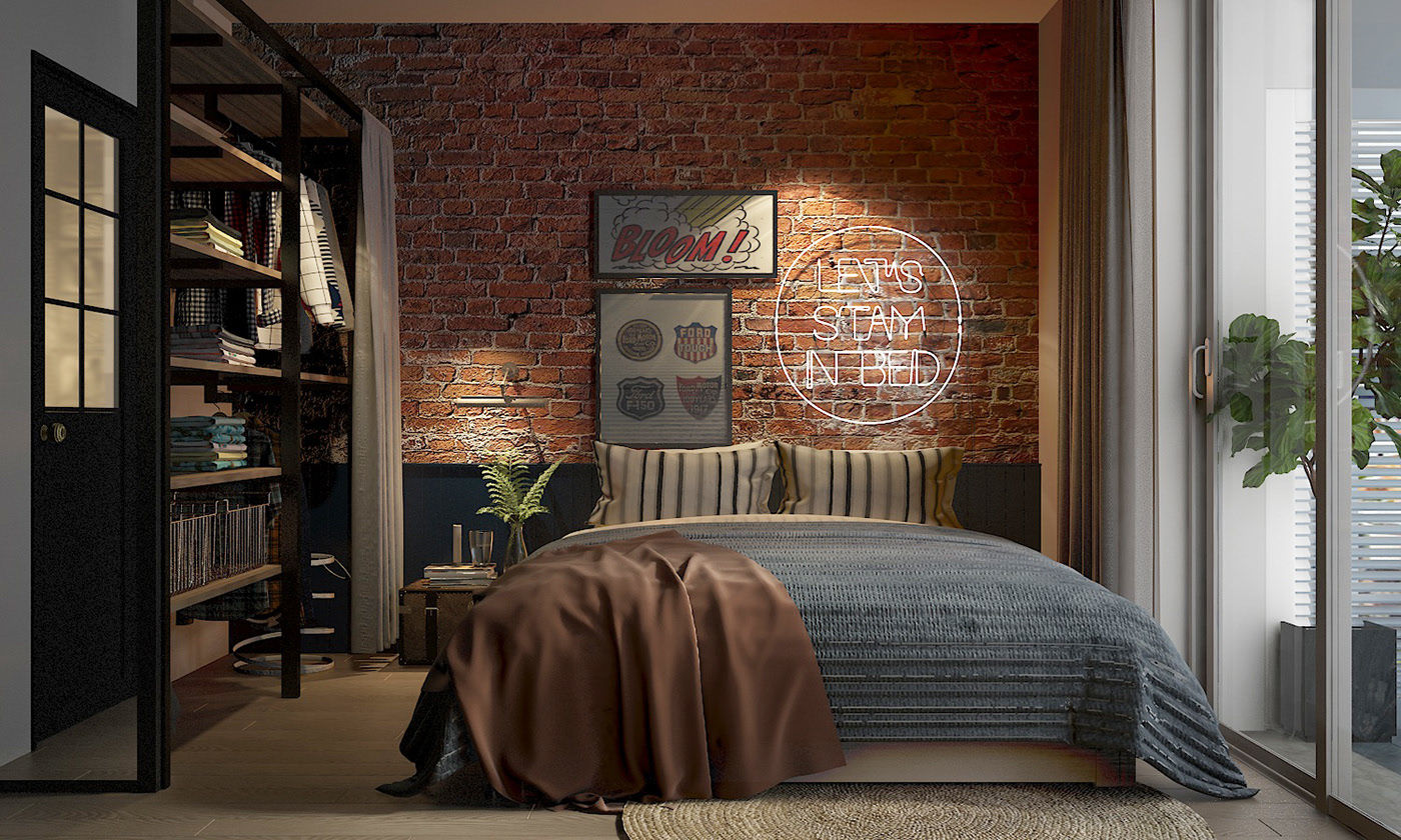 Trang trí phòng ngủ sáng tạo với tường gạch đỏ ấm áp và dòng chữ sinh động.